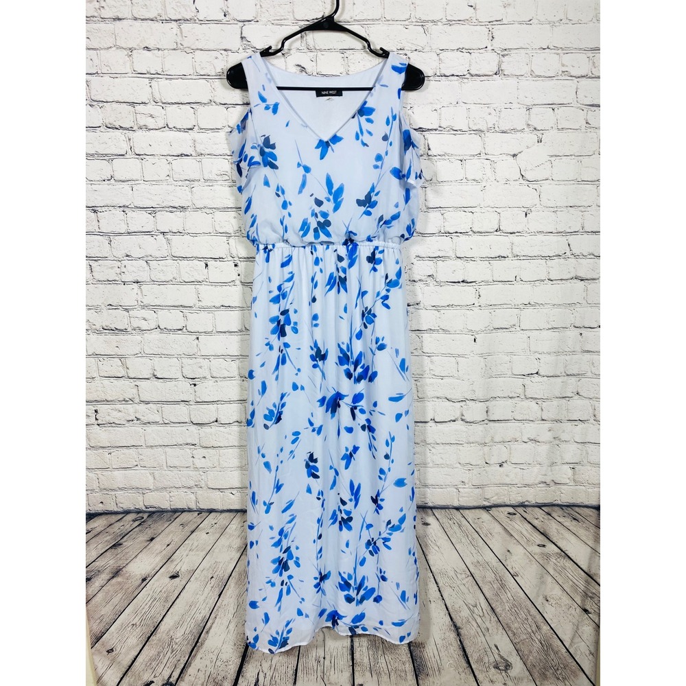 Nine West Dress Womens Maxi Floral Cold Shoulder Blue White 2 Excellent Chiffon